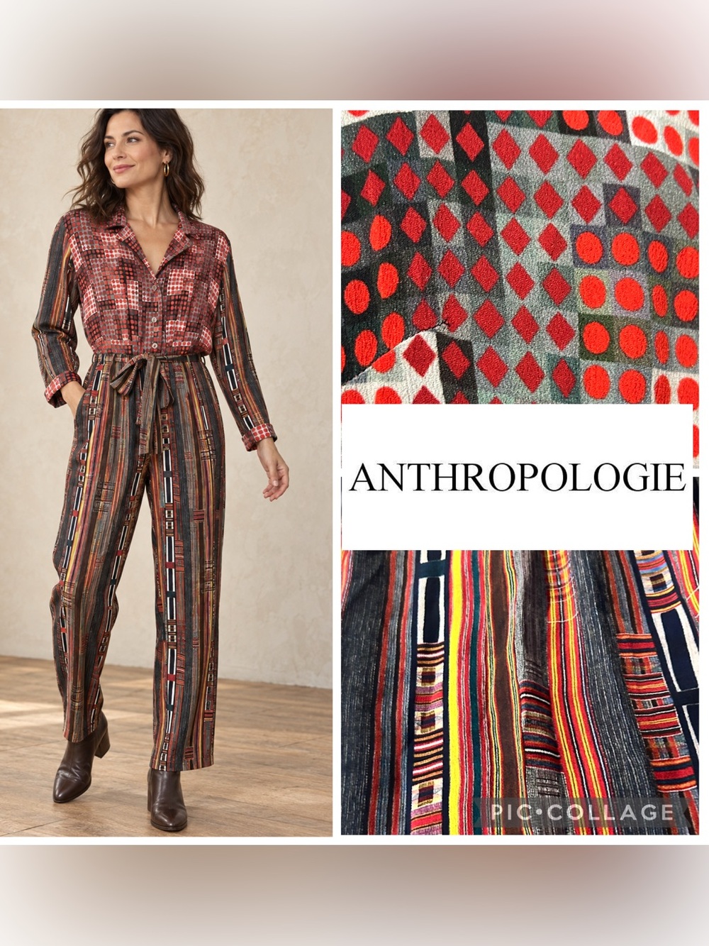 Anthropologie Jumpsuit Medium Mixed Print Geometric Striped Belted Long Sleeve
